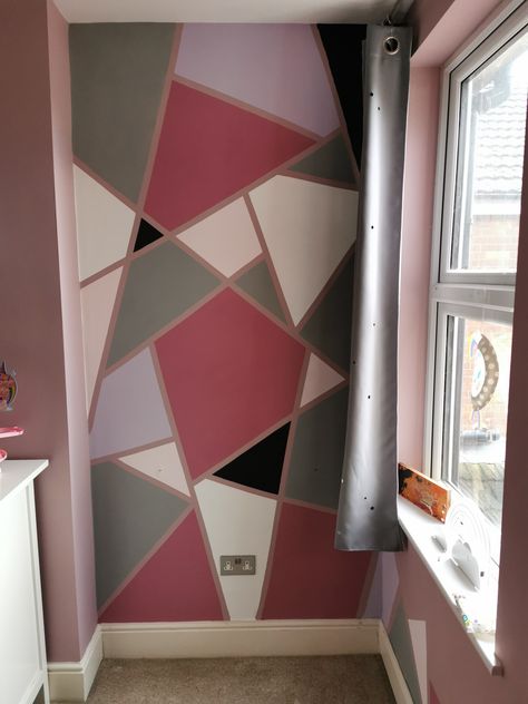 Wanted to add more colour and a bit of funk to my daughters bedroom, simple one day project with a little masking tape and tester pots! Masking Tape Wall Paint, Masking Tape Wall, To My Daughters, Tape Wall, Daughter Bedroom, Tape Painting, Pink Walls, Wall Paint, Masking Tape