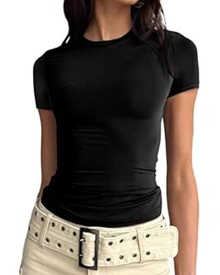 OQQ Womens 2 Piece Short Sleeve Shirts Crew Neck Stretch Fitted Basic Crop Tops at Amazon Women’s Clothing store Bauchfreies Top, Slim Fit Crop Top, Cute Summer Tops, Belle Silhouette, Y2k Tops, Basic T Shirts, Round Neck Shirt, Y2k Clothing, Vetements T Shirt