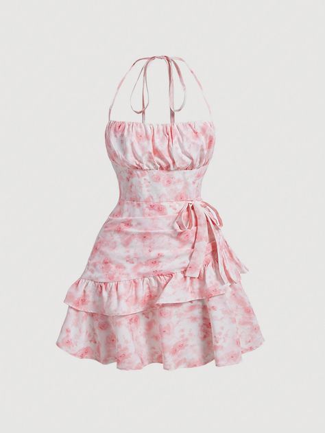 Women'S Shibori Tie-Dyeing Knot Front Halterneck Dress Pink Boho  Sleeveless Woven Fabric Floral,Tie Dye,All Over Print Cami Non-Stretch  Women Clothing, size features are:Bust: ,Length: ,Sleeve Length: Cute Pink Dresses Short, Clothes Shein, Outfit Inspo Pink, Loveshackfancy Dress, Short Pink Dress, Shein Clothes, Short Sundress, Halter Dresses, Pink Dress Short