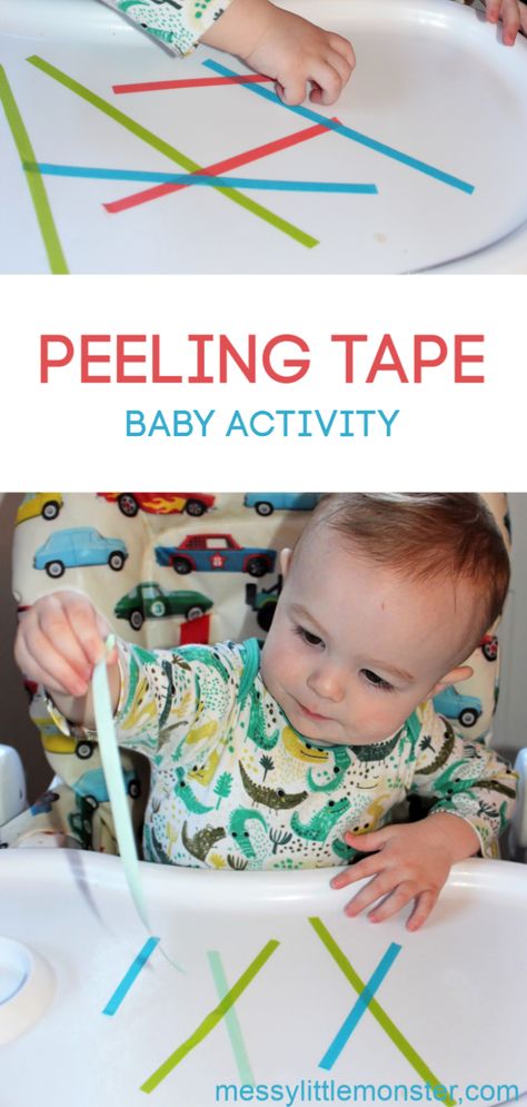 Peeling tape fine motor activity. A baby activity that is easy to set up and works on babies pincer grasp. We love easy baby activities like this! Baby Development Activities, Infant Classroom, Fine Motor Activity, Aktiviti Kanak-kanak, Baby Sensory Play, Baby Play Activities, Baby Learning Activities, Baby Activity, Baby Activities