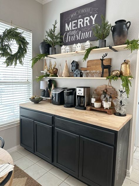 How To Create A Beautiful And Festive Coffee Bar * Hip & Humble Style Coffee Bar Christmas Decor Ideas, Buffet Table Bar Ideas Decor, Christmas Coffee Decor, Simple Christmas Coffee Bar, Xmas Coffee Bar, Dollar Tree Coffee Bar Ideas, Coffee Bar Christmas Decor, Christmas Coffee Bar Ideas, Coffee And Cocoa Bar