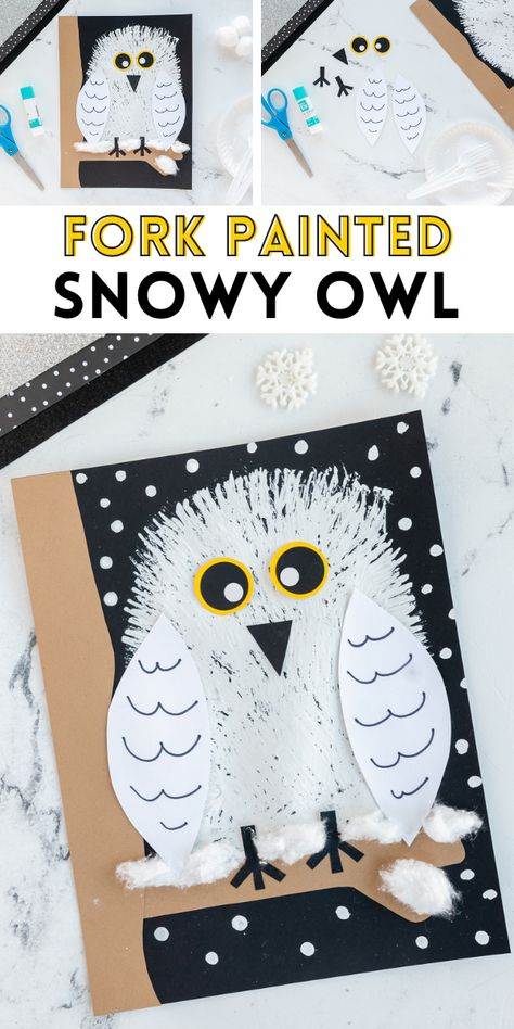 This Fork Painted Snowy Owl is such a fun winter craft for kids! Use a plastic fork, paint and other simple craft supplies to make this little owl friend! Snow Owl Craft, Owl Crafts Kids, Owl Crafts Preschool, Owl Preschool, Snowy Owl Craft, Snowy Owl Art, Finger Painting For Kids, Owl Craft, Fun Winter Crafts