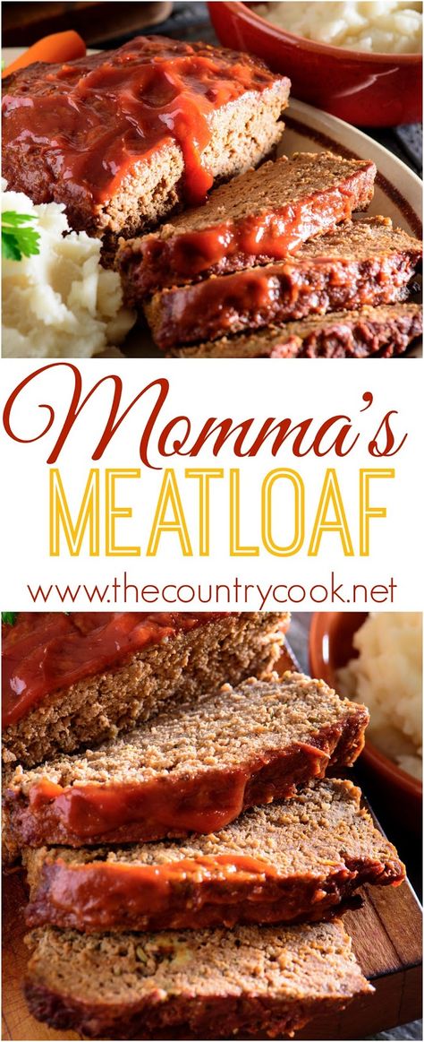 Momma's *BEST* Meatloaf. Moist, flavorful and delicious. This recipe makes making and eating meatloaf fun! Tasty Meatloaf Recipe, Meatloaf Recipes Healthy, Delicious Meatloaf, Recipes Meat, Best Meatloaf, The Country Cook, Loaf Recipes, Country Cooking, Meatloaf Recipes