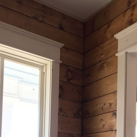 Janea Spades on Instagram: "I can’t even express how thrilled I am with the decision to stain the shiplap in one room! Wish I had a couple of other places unpainted to do this - but so glad to have it here! 😍 The wood is pine and the stain is Provincial by Minwax @tridantbuilders ripped every single board to make this happen. 👏🏻#spadesfourgables #tridantbuilders #mitchginndesign #fourgables #minwaxstain" Shiplap Wall Stained, Wood Walls In Kitchen, Stain Shiplap Wall, Pine Walls Cabin, Stained Pine Walls, Provincial Stain On Pine, Stained Shiplap Wall, Knotty Pine Walls Makeover, Pine Tongue And Groove Walls