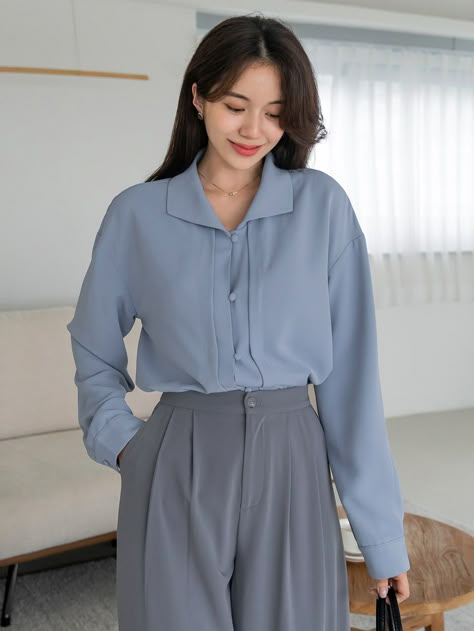 Dusty Blue Elegant Collar Long Sleeve Polyester Plain Shirt Embellished Non-Stretch  Women Tops, Blouses & Tee Dusty Blue Outfit Color Combos, Celana High Waist, Blue Shirt Black Pants, Formal Shirts Women, Biru Pastel, Blue Shirt Women, Simple Style Outfits, Color Combos Outfit, Dressy Shirts