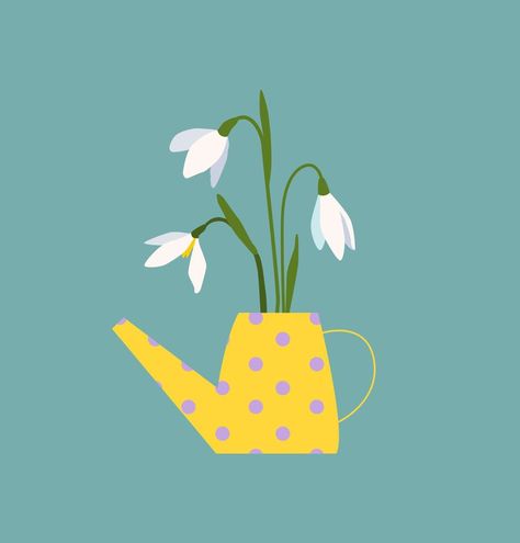 Bouquet of snowdrops in watering can. Early spring flowers. Blossom nature wildflowers. Vector illustration Early Spring Illustration, Snowdrop Flower Illustration, Spring Garden Illustration, Spring Vector Illustration, Water Plants Illustration, Snowdrops Illustration, Snowdrop Aesthetic, Watering Can Illustration, Snowdrop Illustration