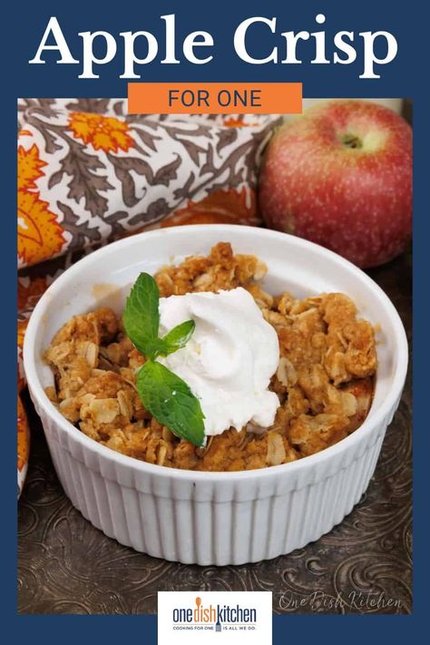 Enjoy a single serve Apple Crisp – a quick and easy dessert with warm, spiced fruit and a crumbly topping, made using just one apple and pantry staples. | One Dish Kitchen Apple Crisp For One, Mini Apple Crisp, Microwave Dessert, One Dish Kitchen, Easy Apple Crisp Recipe, Recipe For 1, Brown Sugar Recipes, Apple Crisp Easy, Spiced Fruit