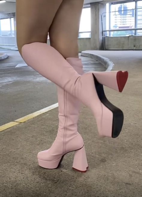 Cute Pink Boots, Sabrina Carpenter Heels, Sabrina Carpenter Shoes, Pink Leather Outfit, Popstar Outfits Ideas, Platform Knee High Boots, Shoe Hacks, Relatable Comics, Sweet Talker