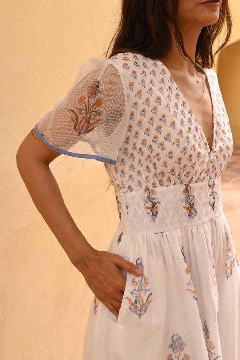 Flowy Indian Dress, Linen Dress Sleeves, Ikkat One Piece Dress, Kota Doria Dress, Linen Cotton Dress, Kota Doria Kurta Design, Kota Dresses Designs, Cotton Western Dresses, Slip Dress With Sleeves