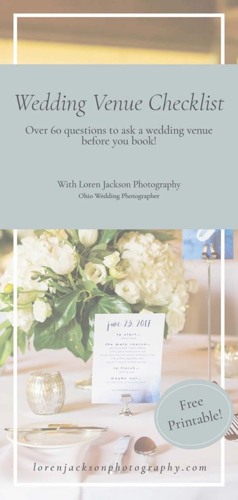 FREE PRINTABLE with 60+ questions to ask a wedding venue before you book!  #weddingplanning #ohiowedding Venue Checklist Wedding, Wedding Venue Visit Outfit, Wedding Venue Checklist Printable, Wedding Venue Questions Checklist, Wedding Venue Checklist, Venue Checklist, Venue Management, Vendor Tips, Wedding Venue Questions