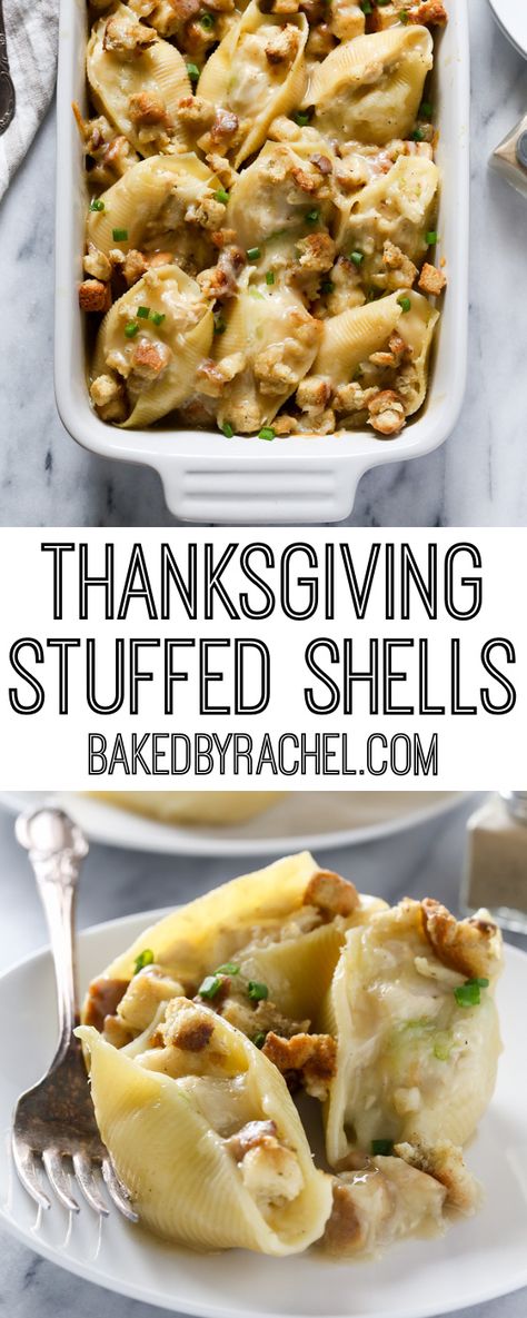 Thanksgiving leftover turkey stuffed shells recipe from @bakedbyrachel A fun and flavorful twist on holiday leftovers! Recipes That Use Stuffing, Thanksgiving Leftover Stromboli, Layered Thanksgiving Casserole, Turkey Manicotti Recipe, Turkey Rolled With Stuffing, Christmas Meals Easy, Stuffed Shells Thanksgiving, Turkey For Thanksgiving Recipe, Chicken Stuffing Shells