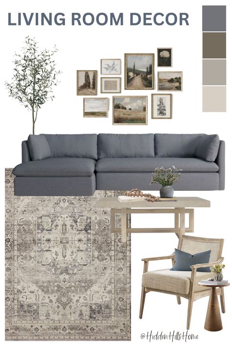 Earth toned living room decor mood board with a sectional sofa and a cane accent chair Gray Sofa And Accent Chair, Grey Wood Furniture Living Room, Living Room Color Pallet Ideas Grey, Neutral Living Room With Grey Floors, Blue Gray Sectional Living Room, Dusty Blue And Sage Living Room, Organic Modern Living Room Blue Couch, Gray Couch Living Room Ideas Colour Schemes, Blue Gray Sofa Living Room Ideas