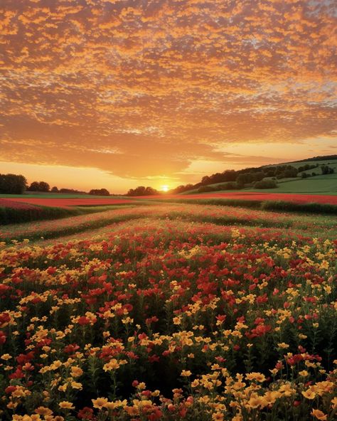 Feel the moment - A flower field at sunset: where dreams... Flower Field And Sunset, Sunset And Flowers Wallpaper, Sunset Feild Pic, Sunset Flower Field Painting, Wild Flower Field Aesthetic, Sunset Over Flower Field, Flower Feild Pics, Flower Fields Aesthetic, Flower Meadow Aesthetic