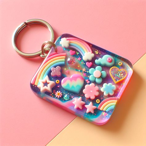 Behold an adorable resin art keychain, perfect for teen girls. Pastel hues blend beautifully in this miniature charm, adorned with whimsical hearts, stars and flowers. Glitter adds sparkle to this snazzy accessory that's perfect for bags or keys. #ResinArt #CuteKeychains #TeenageFashion #CharmingAccessories #PastelArt #GlitterResinKeychain Resin Charm Ideas, Resin Art Keychain, Stars And Flowers, Aesthetic Items, Art Keychain, Colorful Keychain, Spongebob Cake, Charm Ideas, Flowers Glitter