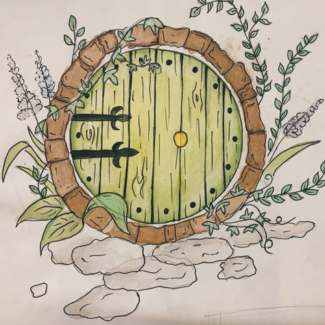 Hobbit Hole Drawing, Hobbit House Drawing, Fairy House Drawing, Tattoo Collage, Cottage Drawing, Hole Drawing, Lord Rings, Hobbit Houses, Mosaic Tables