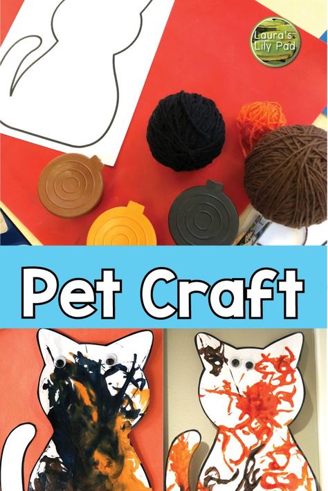 Cat Yarn Painting Pete The Cat A Pet For Pete Craft, Dog And Cat Crafts Preschool, Pets Theme Art Preschool, Preschool Pets Crafts, Halloween Cat Crafts For Toddlers, Pets Prek Theme, Pet Art Projects For Kids, Pet Process Art Preschool, Pet Week Crafts Toddlers