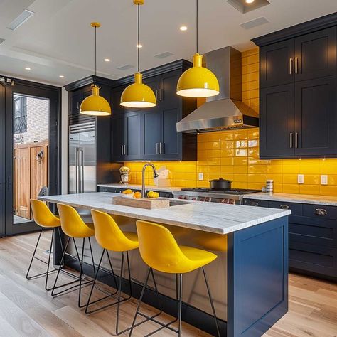 9+ Vibrant Inside House Color Ideas Using Bright Yellow and Navy • 333+ Art Images Yellow House Interior Decorating Ideas, Yellow And Blue Kitchen Ideas, Navy Blue And Yellow Kitchen, Living Room 80s, House Color Ideas, Blue And Yellow Kitchen, Blue Yellow Kitchens, Kitchen Wallpaper Ideas, Kitchen Color Yellow