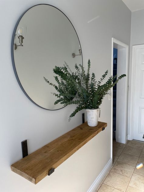 Mirror And Shelf Wall Decor Living Room, Entry Shelf With Mirror, Entrance Shelf, Entry Shelf, Entrance Hall Mirror And Shelf, Floating Shelf With Mirror Entry Ways, Hallway Mirror With Floating Shelf, Circle Mirror With Shelf Underneath, Circle Mirror Entryway Floating Shelf