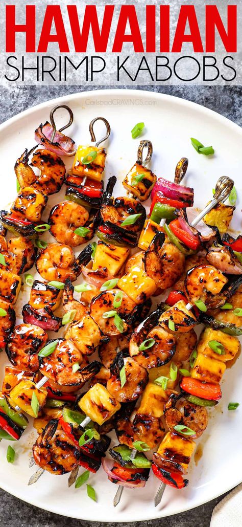 Hawaiian Shrimp Kabobs with a grill time of 5 MINUTES! They are sweet and tangy, succulent morsels that will whisk your taste buds away to the tropics (great for entertaining)! boring chicken here! #recipeoftheday #recipeideas #recipesfordinner #dinner #dinnerrecipes #dinnerideas #dinnertime #grilling #kabobs #chickenkabobs #grilledchicken #skewers #shrimp #grilledshrimp #shrimpkabobs #shrimpskewers #shrimprecipes Grilling Recipes Dinner, Summer Grilling Recipes Dinner, Hawaiian Shrimp, Grilled Shrimp Kabobs, Shrimp Kabob Recipes, Shrimp Skewer Recipes, Shrimp Kabobs, Grilling Kabobs, Easy Grilling Recipes