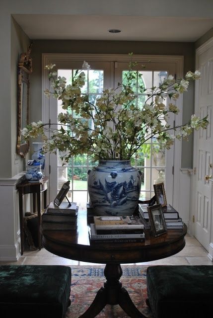 Can a Table Cause Guests to Instantly Understand Your Design Style? This One Can: — DESIGNED w/ Carla Aston Round Entry Table, White Ginger Jars, Entrance Table, Blue White Decor, Foyer Table, Foyer Decorating, Enchanted Home, Blue And White China, Hall Table