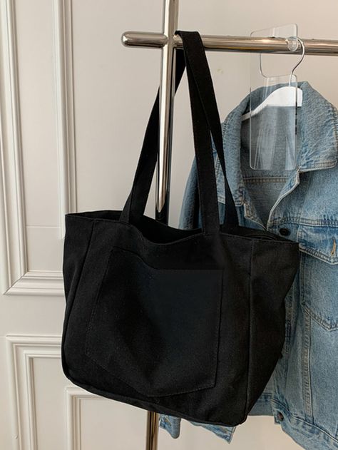 Black Unisex Collar  Polyester Plain Shopper Bag Embellished   Women Bags School Tote Bags, Tod Bag, Bags For College, Tote Bag For School, Tote Bag School, Tote Bags For College, College Tote, College Tote Bag, Uni Bag