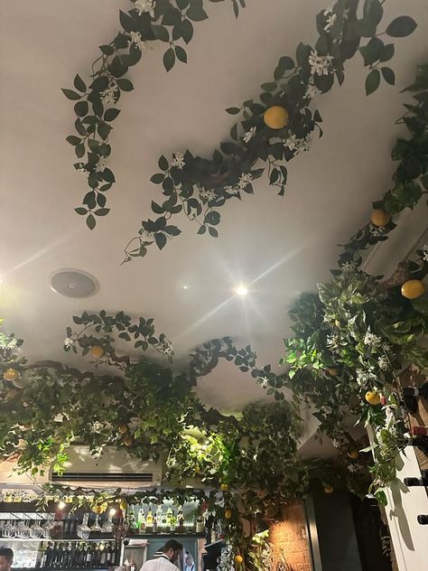 Flower Vine Ceiling Bedroom, Leaves Room Decor Ceiling, Bedroom Ceiling Ideas Aesthetic, Moss Ceiling Bedroom, Vibes Hanging From Ceiling, Vibes On Ceiling Bedroom, Flower Vines Room Decor, Vines And Lights On Ceiling, Cute Ceiling Decor