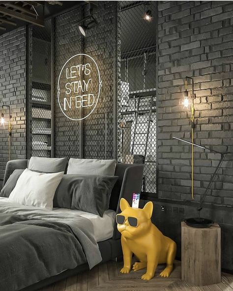 Bedroom Ideas Industrial, Modern Industrial Bedroom, Man Bedroom, Industrial Bedroom Design, Industrial Room, Scandinavian Style Home, Loft Interior, Industrial Bedroom, Small Studio Apartments