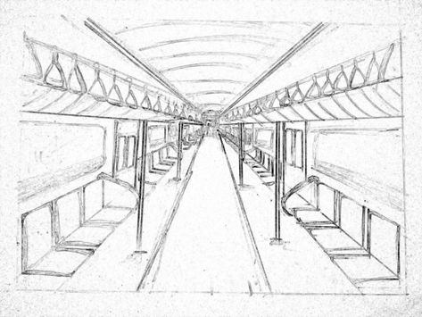 One point perspective Metro train view One Point Perspective Bridge, One View Perspective Drawing, One Point Perspective Drawing Hallway, Train One Point Perspective, One Point Perspective Outdoor, Point Of View Art Perspective, Train Perspective Drawing, Frog Perspective Drawing, One Point Perspective Photo