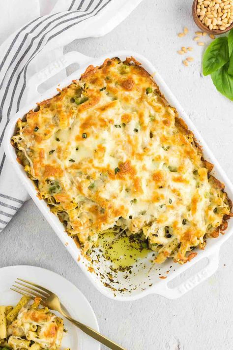 Recipes Using Costco Pesto, Chicken Pesto Ricotta Pasta, Pesto Baked Ziti, Pesto Pasta Bake Recipes, Baked Pesto Chicken Pasta, Creamy Pesto Pasta Bake, Pesto Pasta Casserole, Pesto Casserole Recipes, Cheesy Pesto Pasta