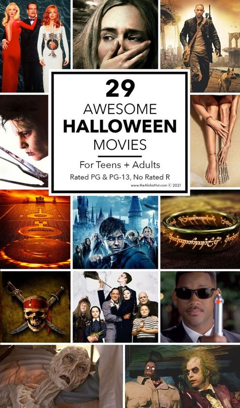 Looking for the best Halloween movies for teens and adults that are good? We've rounded up our top Halloween movies that are great for teens and adults with no rated R movies. We love having a Halloween movie nights during October (with some fun movie marathon nights). Check out our Teen and Adult Halloween Movie list: A Quiet Place, Harry Potter, Beetlejuice, Pirates of the Caribbean, and more. Host a fun movie night party this Halloween - even better if you can do an outdoor movie night! Halloween Movies For Teens, Top Halloween Movies, Best Family Halloween Movies, Movie Night List, Family Halloween Movies, Movies For Teens, Halloween Movie Night Party, Halloween Movie Marathon, October Movies