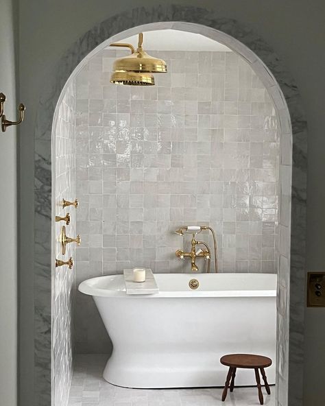 Tile Behind Tub, Bathroom Design With Bathtub, Zellige Bathroom, Zellige Tile Bathroom, Tile Bathroom Floor, Modern Bathroom Decor Ideas, Light And Dwell, Bathtub Remodel, Primary Bath