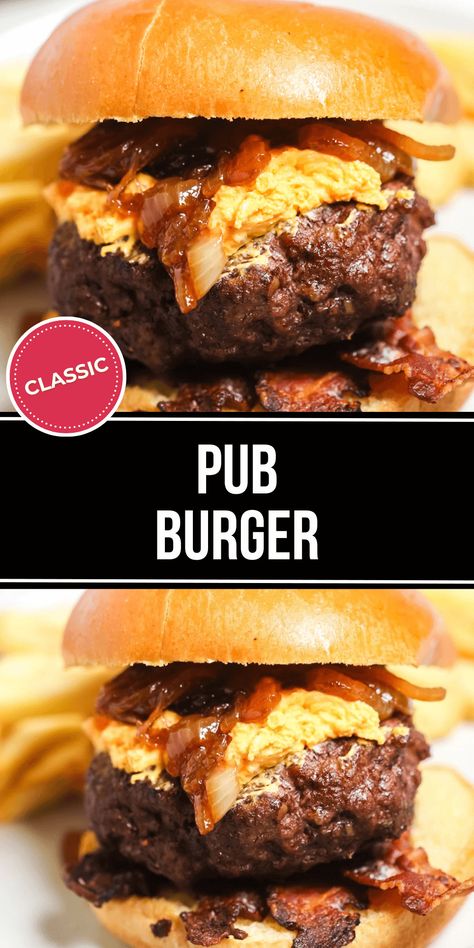 This Pub Burger is full of flavor, with pub cheese, beer caramelized onions, and bacon all together on a juicy seasoned burger patty. Pub Burger Recipe, Pub Burger, Pub Cheese, Grilled Burger Recipes, Beer Burger, Burger Patty, Beer Bacon, Gastro Pubs, Bacon Burger