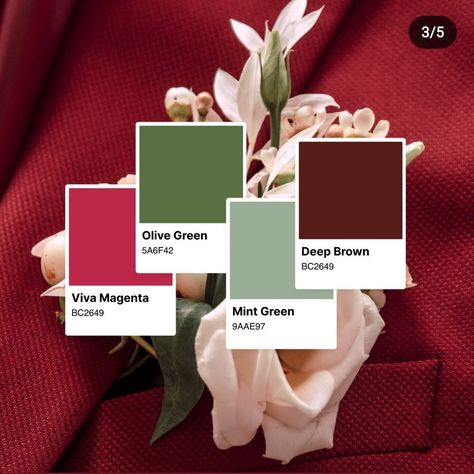 Green And Cranberry Color Scheme, Green Red Brown Color Palette, Magenta Green Color Palette, Viva Magenta Palette, Viva Magenta Color Palette, Red And Green Color Palette, Magenta Decor, Magenta And Green, Magenta Wedding