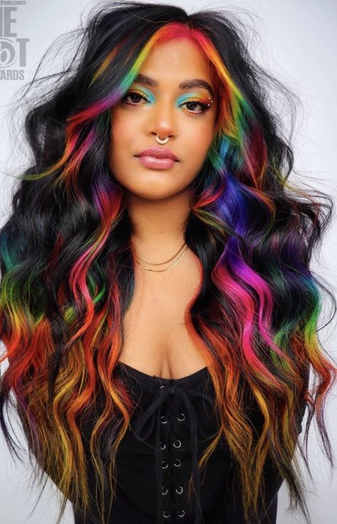 Hair Themes Inspiration, Cool Multicolor Hair, Long Hair Bright Color Ideas, Bright Colour Hair Ideas, Black And Vivid Hair, Black With Rainbow Hair, Glow In The Dark Hair Extensions, Ombre Fashion Color Hair, Red And Rainbow Hair