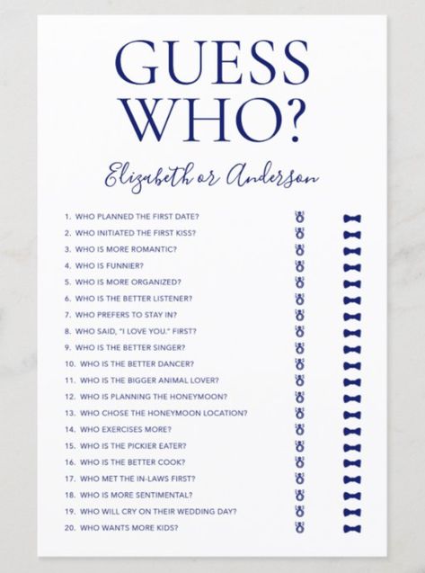 Guess The Bride, Dr Wedding, Bridal Shower Question Game, Bridal Shower Questions, Couple Shower Games, Engagement Party Planning, Fun Bridal Shower Games, Bridal Shower Activities, I Loved You First