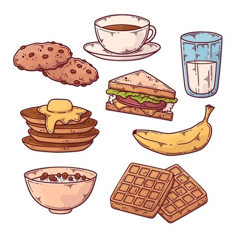 Hand drawn breakfast food collection Fre... | Free Vector #Freepik #freevector #food #hand-drawn #breakfast #design-elements Breakfast Food Drawing, How To Draw Food, Food To Draw, Drawing Breakfast, Simple Breakfast Menu, Breakfast Sketch, Breakfast Drawing, Breakfast Design, Healthy Food Art