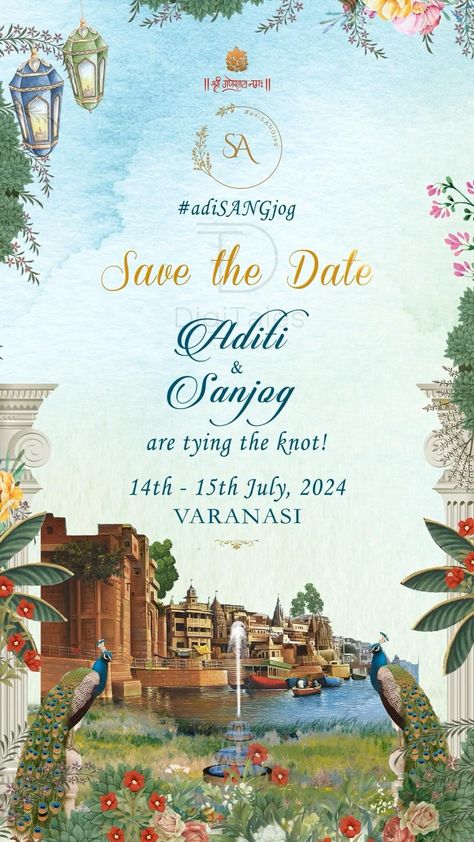 Banaras theme wedding invite Invite For Wedding, Wedding Card Sample, Royal Wedding Invitation, Save The Date Ideas, Wedding Card Design Indian, Free Wedding Cards, Wedding Caricature, Digital Invitations Wedding, Wedding Planning Decor