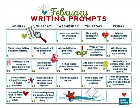 Free Writing Prompts Calendar February Writing Prompts For Kids, Second Grade Writing Prompts, February Writing Prompts, March Writing Prompts, Valentine Stem, February Writing, Math Journal Prompts, Winter Writing Prompts, Teacher Calendar