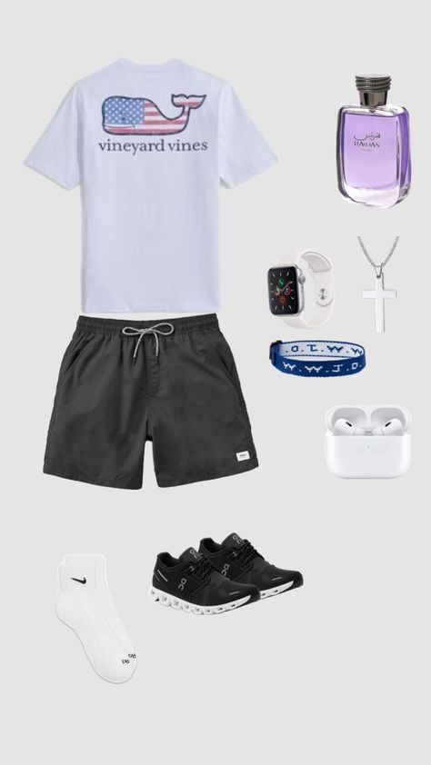 vineyard vines america american 4th of july black shorts swim trunks nike socks on clouds white mens boys shuffles wwjd bracelet airpods apple watch cross necklace rasasi hawas colonge Boys Athletic Outfits, Rasasi Hawas, Vineyard Vines Outfits, Casual Athletic Outfits, Wwjd Bracelet, Airpods Apple, Classy Outfits Men, Boys Fits, Nike Socks