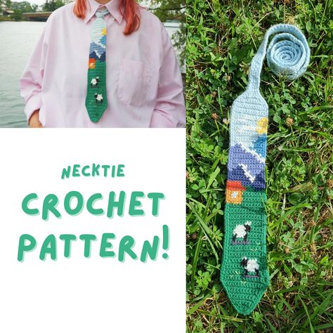 **Please note that this is a DIGITAL CROCHET PATTERN (PDF instant download), NOT a physical finished product.** Make yourself this "Peaceful farmland" necktie! Pattern language: english Pattern level: intermediate (chain, single and double crochet, color changing in tapestry crochet) Final size: 32x6cm (without tail)/12.6x2.4 inches (may vary depending on materials used) Materials: - Yarn (cotton or acrylic) - 3 mm crochet hook - Scissors - Yarn needle The PDF pattern includes step by step illus Knit Color Change, Crochet Pin Display, Crochet Necktie Pattern Free, Crochet Tail Pattern, Crafty Things To Do, Boyfriend Crochet Gift, Useful Crochet Gifts, Trans Crochet, Free Crochet Patterns Clothes