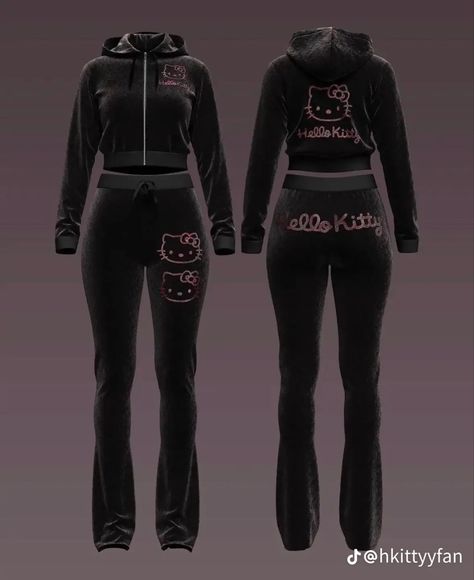 Hello Kitty Tracksuit, Velvet Two Piece, Rock Star Outfit, Velvet Tracksuit, Latina Outfits, 90s Inspired Outfits, Hello Kitty Accessories, Two Piece Jumpsuit, Thigh High Stockings