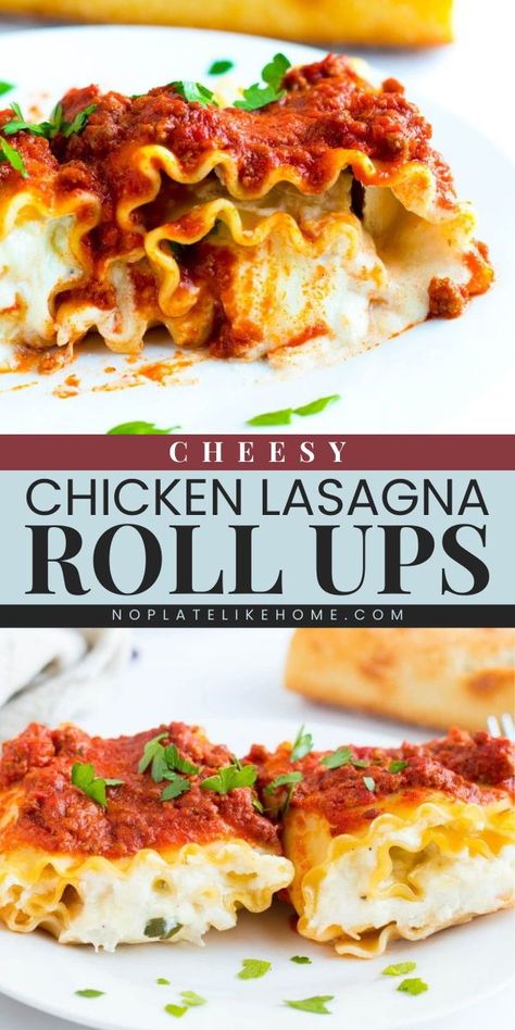 Add these Cheesy Chicken Lasagna Roll-Ups to your comfort food ideas! This easy pasta recipe is filled with creamy ricotta cheese, mozzarella cheese, and shredded chicken. This Italian recipe is one easy dinner idea! Cheesy Chicken Lasagna, Chicken Lasagna Roll Ups, Chicken Lasagna Rolls, Chicken Lasagna Recipe, Lasagna Roll Ups, Lasagna Casserole, Dinner Rotation, Lasagna Roll, Roll Ups Recipes