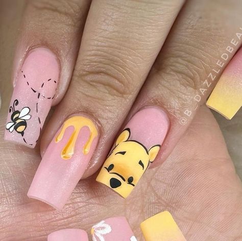 Britt | Nail Artist on Instagram: "A little HUNNY for springtime 😍 #winniethepooh #winniethepoohnails #honeybees #honeybeenails #ombrenails #yellownails #springnails #springnails2024 #disneynails #favoritebear #apres #nailpromagazine #naileditmedia #orcuttnails" Cute Cartoon Nail Art, Nail Art Designs Cartoon, Nail Designs Disney, Cartoon Nail Art Designs, Cartoon Nails Acrylic, Nails Cartoon, Cartoon Nail Designs, Blush Pink Nails, Disney Acrylic Nails