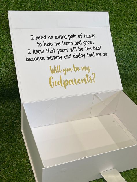 Personalised Godparents Godmother Godfather Proposal Large White Ribbon Silk Ribbon Magnetic box 35.5 x23.5x 10.5 cm  luxury wholesale gifts Godparents  Godmother  Godfather can do any kid of proposal 7 word maximum inside for $20AUD extra for additional Nanny Proposal Ideas, Cute Godparents Proposal Ideas, Godfather Proposal Ideas Uncle, Godmom Proposal Ideas, Baptism Godparents Proposal Ideas, Godparent Request Ideas Diy, Baptism Proposal Ideas, Asking Godparents Ideas, Asking To Be Godparents Ideas