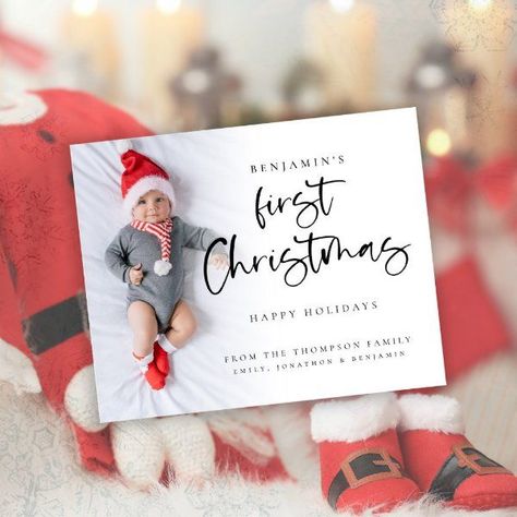 Budget Baby First Christmas Custom Photo Card #zazzle #weddinginvitations #birthdayinvitations #babyshowerinvitations #zazzleinvitations #monogram #businesscards #graduation #homedecor Boho Floral Wedding Invitations, First Christmas Card, First Christmas Photos, Parents Christmas, Baby On A Budget, Baby First Christmas, Christmas Custom, Christmas Invitations, Baby's First Christmas