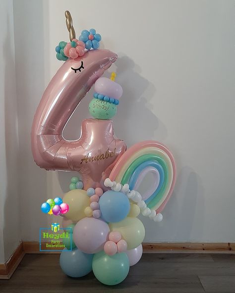 Heydi Party Decorations on Instagram: “~Annabel's 4th Birthday Balloons~ • This number balloon arrangement in pastel colour balloons is beautiful 😍 • Don't forget our Priority…” Unicorn Party Balloons, Rainbow Unicorn Birthday Party, Balloon Arrangement, Diy Birthday Backdrop, Unicorn Birthday Party Decorations, 1st Birthday Girl Decorations, Rainbow Unicorn Birthday, Baby Balloon, Balloon Crafts