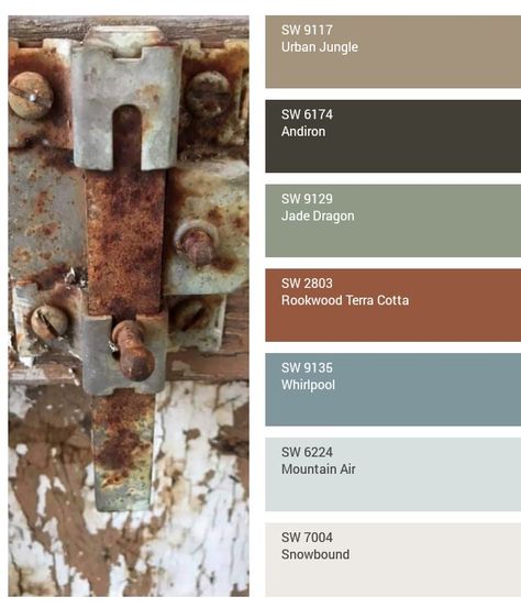 Rusty lock, reclaimed door, color inspiration, Sherwin Williams paint colors, open concept, home decor Cabin Paint Colors, Rustic Paint Colors, Reclaimed Decor, Rustic Color Palettes, House Color Palettes, Farm House Colors, Paint Color Schemes, Color Schemes Colour Palettes, House Color Schemes