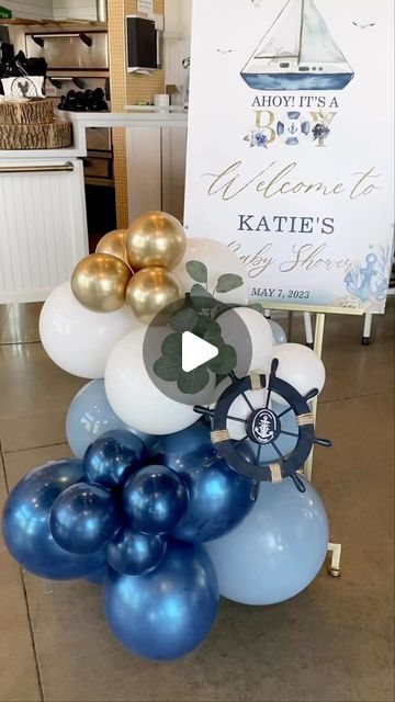 Ahoy It’s A Boy Baby Shower Theme, Ahoy It’s A Boy Baby Shower Decorations, Nautical Balloon Arch, Ahoy Its A Boy Baby Shower Ideas, Nautical Gender Reveal, Oh Boy Baby Shower Ideas, Boy Themed Baby Shower Ideas, Boy Baby Shower Ideas Themes, Nautical Baby Shower Ideas