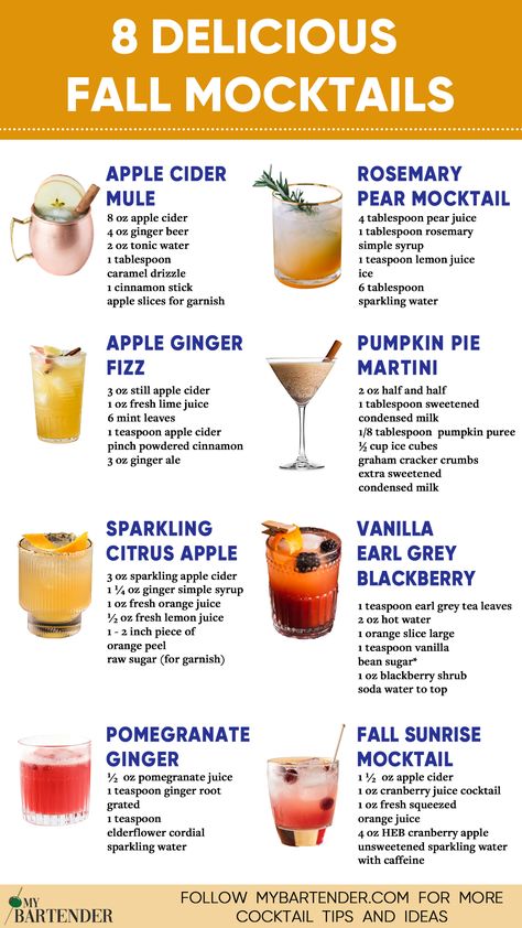 Fall Mocktails Resep Smoothie, Fall Cocktails Recipes, Alcohol Free Drinks, Mocktail Recipes, Drink Recipes Nonalcoholic, Fancy Drinks, Fall Cocktails, Fall Drinks, Mocktail Recipe