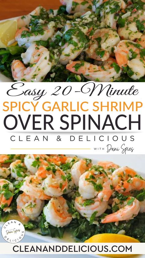 With all the ideas that swirl around in my brain it’s hard to believe that I have moments where my mind is blank. No thoughts. No words. Nothing particularly interesting or relevant to this delicious recipe. At least not in this moment. So instead of talking (or int his case typing) simply for the sake of talking, I simply present you with my latest video -> Spicy Garlic Shrimp Over Spinach! Enjoy!! | @danispies #spicygarlicshrimprecipe #easyspicygarlicshrimp Shrimp And Spinach Recipes, Sorghum Recipes, Shrimp Meal Prep, Shrimp And Spinach, Spinach Recipes Healthy, Spinach Healthy, Spicy Garlic Shrimp, Marinara Recipe, Garlic Spinach